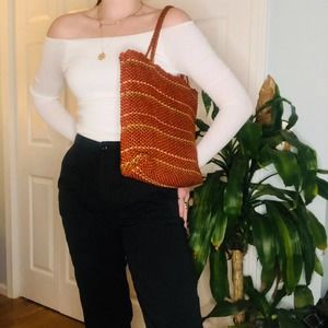 Orange Straw-knit Tote Bag
